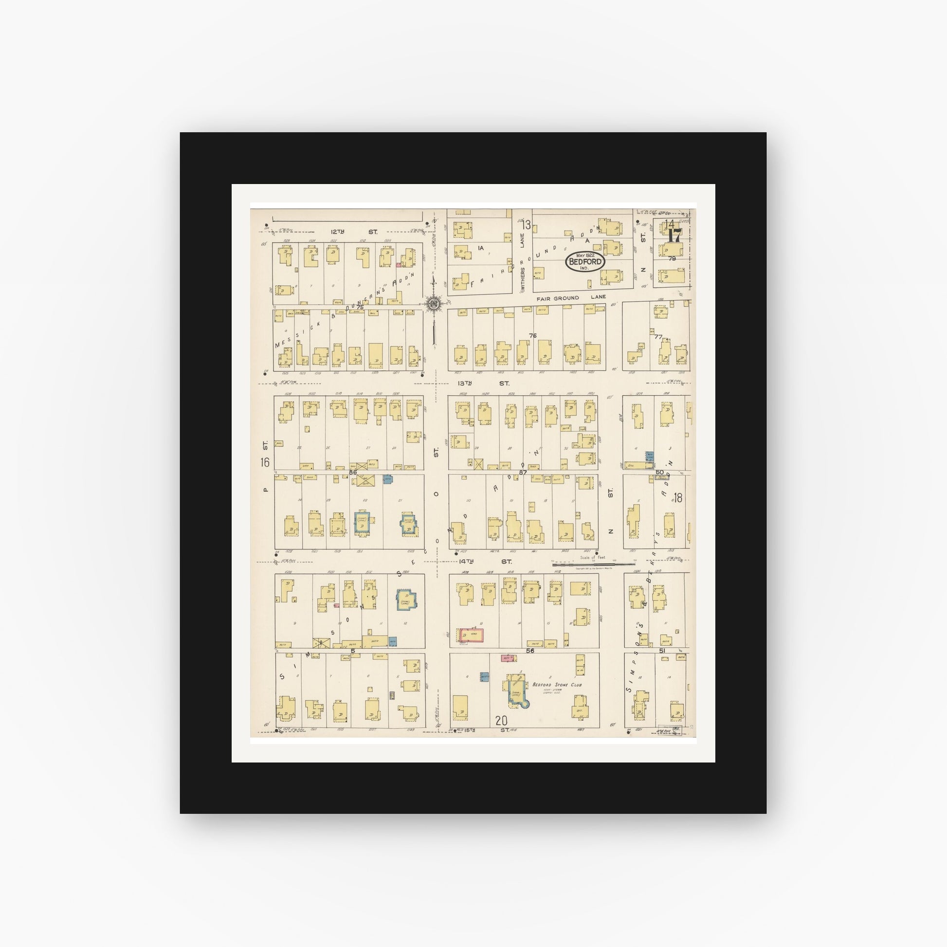 Old map wall art mockup — black gallery frame with white mat — Sanborn Fire Insurance Map from Bedford, Lawrence County, Indiana (1922), Sheet #0017