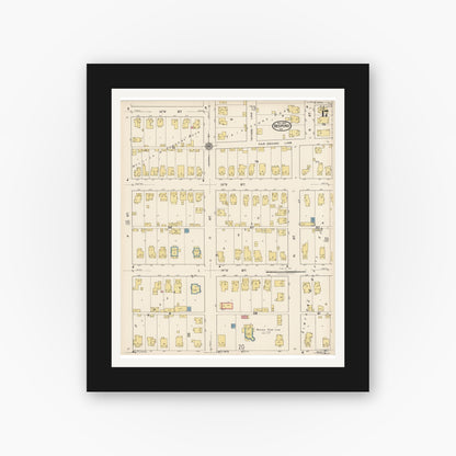 Old map wall art mockup — black gallery frame with white mat — Sanborn Fire Insurance Map from Bedford, Lawrence County, Indiana (1922), Sheet #0017
