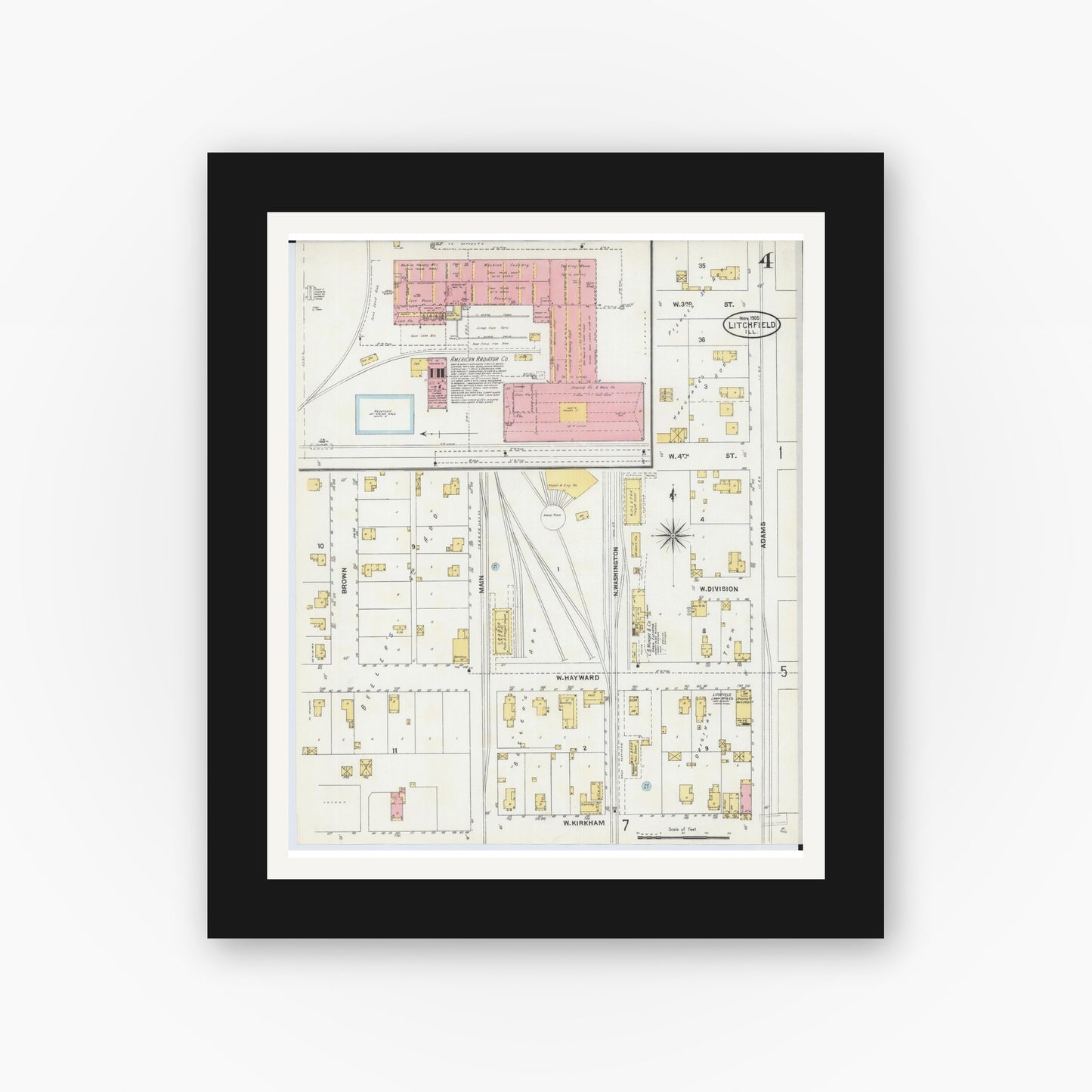 Old map wall art mockup — black gallery frame with white mat — Sanborn Fire Insurance Map from Litchfield, Montgomery County, Illinois (1905), Sheet #0004