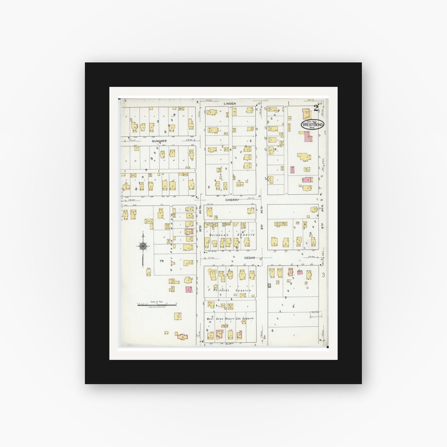 Old map wall art mockup — black gallery frame with white mat — Sanborn Fire Insurance Map from West Bend, Washington County, Wisconsin (1919), Sheet #0002