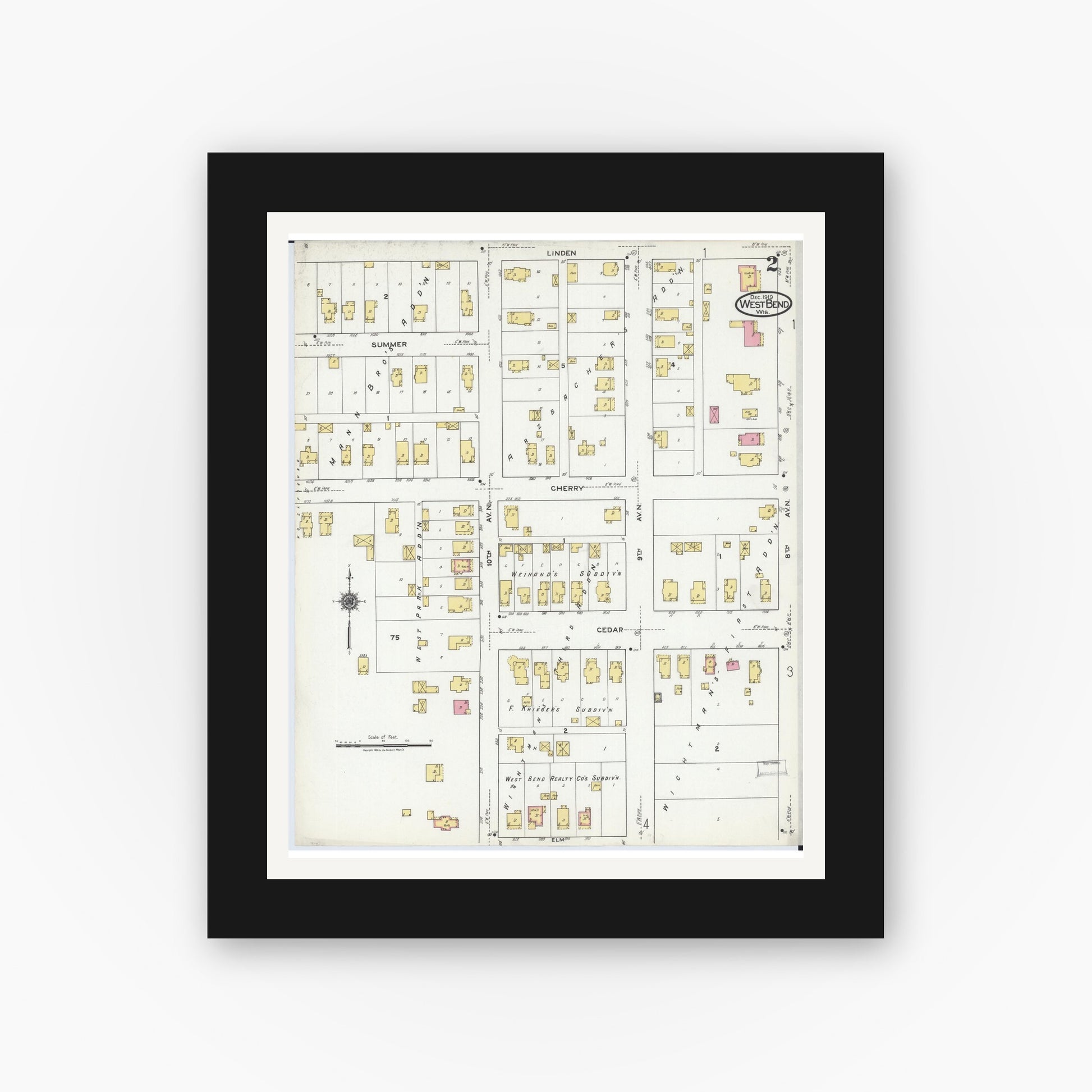 Old map wall art mockup — black gallery frame with white mat — Sanborn Fire Insurance Map from West Bend, Washington County, Wisconsin (1919), Sheet #0002