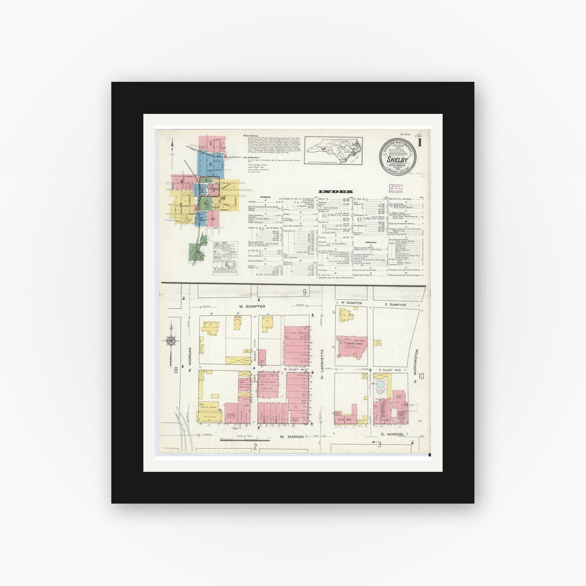 Old map wall art mockup — black gallery frame with white mat — Sanborn Fire Insurance Map from Shelby, Cleveland County, North Carolina (1916), Sheet #0001