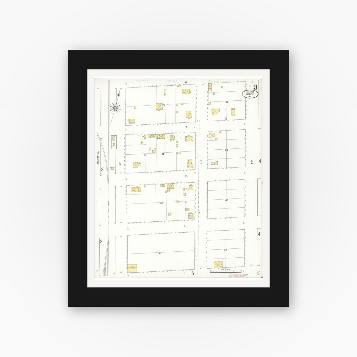Old map wall art mockup — black gallery frame with white mat — Sanborn Fire Insurance Map from Biggs, Butte County, California (1909), Sheet #0003