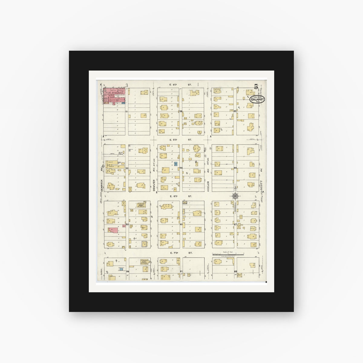 Old map wall art mockup — black gallery frame with white mat — Sanborn Fire Insurance Map from Dalhart, Dallam And Hartley County, Texas (1920), Sheet #0005