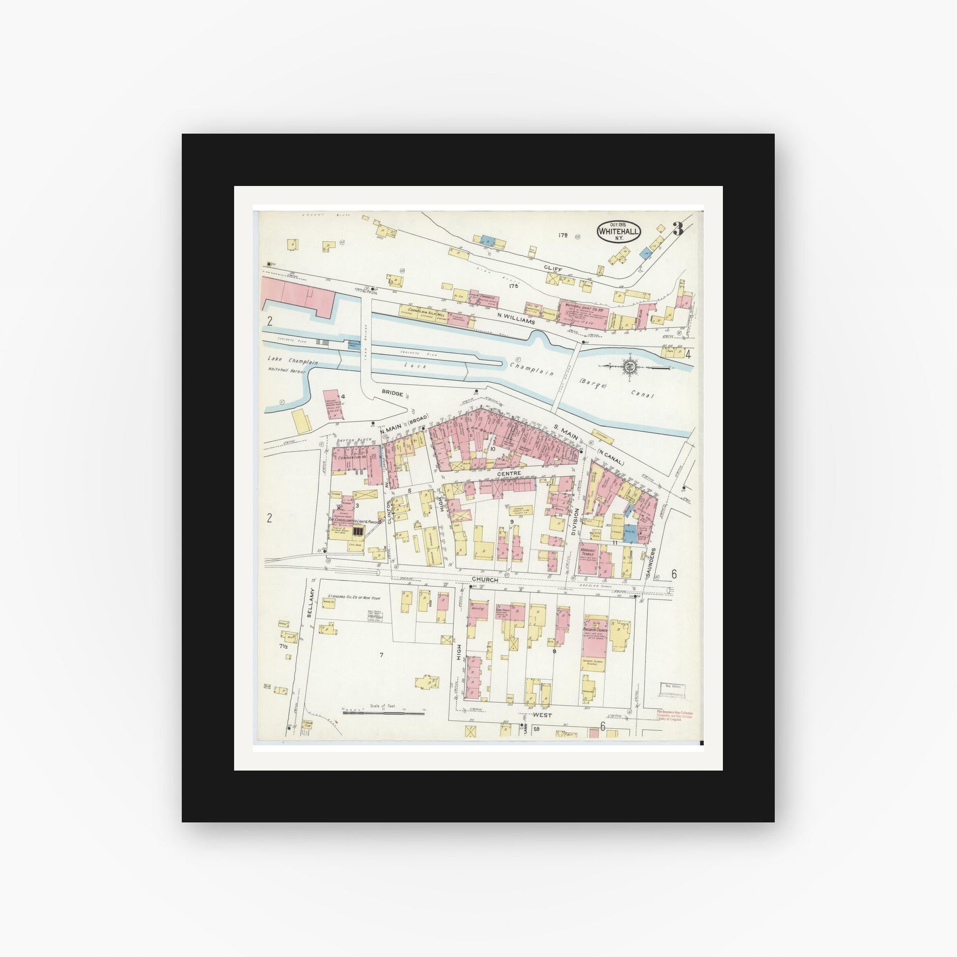 Old map wall art mockup — black gallery frame with white mat — Sanborn Fire Insurance Map from Whitehall, Washington County, New York (1915), Sheet #0003