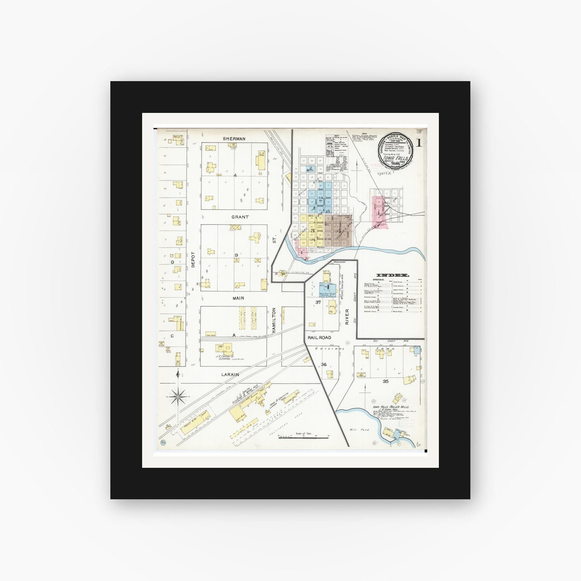 Old map wall art mockup — black gallery frame with white mat — Sanborn Fire Insurance Map from Iowa Falls, Hardin County, Iowa (1892) â€” Complete Set