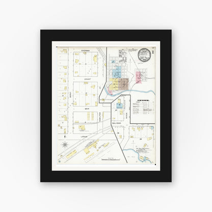 Old map wall art mockup — black gallery frame with white mat — Sanborn Fire Insurance Map from Iowa Falls, Hardin County, Iowa (1892) â€” Complete Set
