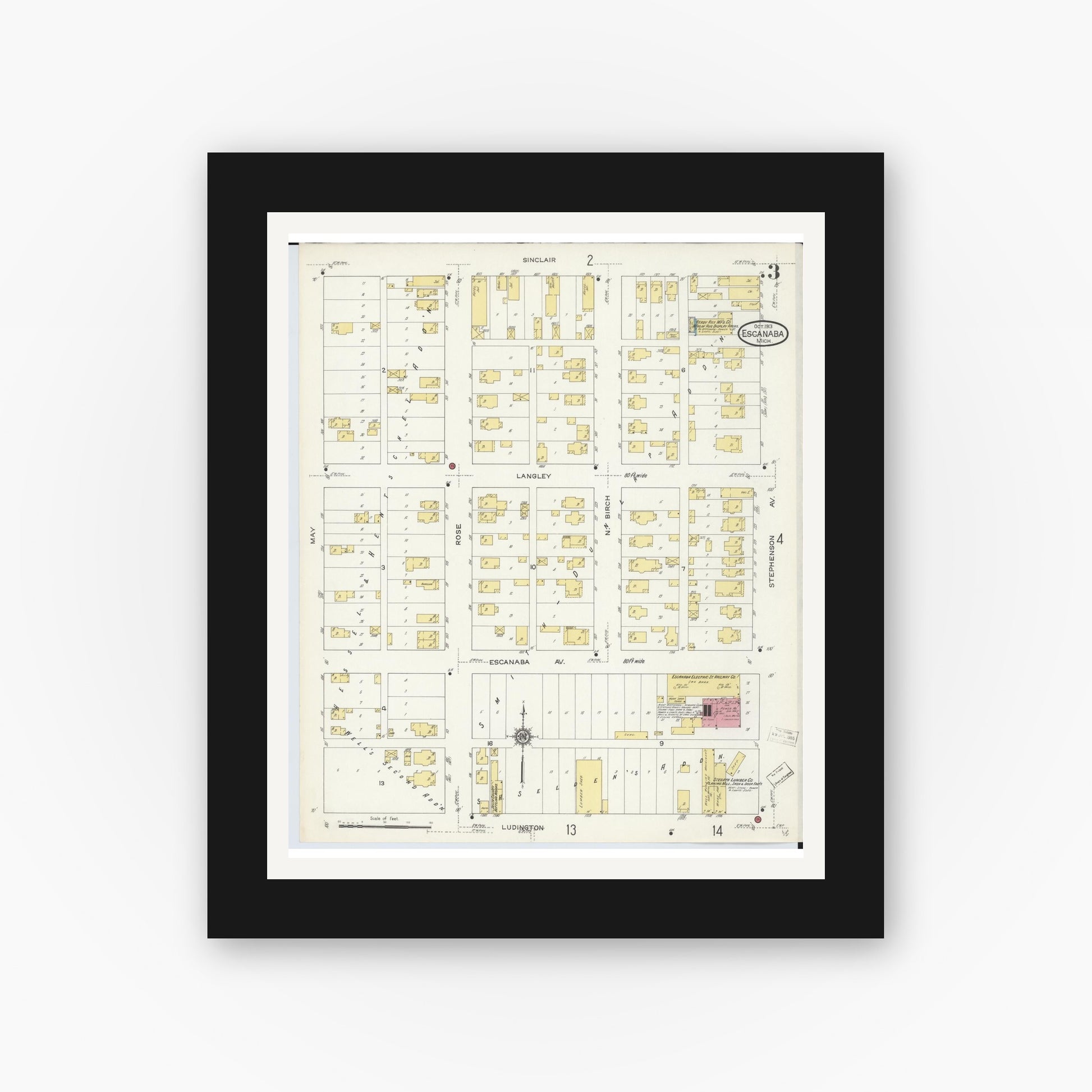 Old map wall art mockup — black gallery frame with white mat — Sanborn Fire Insurance Map from Escanaba, Delta County, Michigan (1913), Sheet #0003