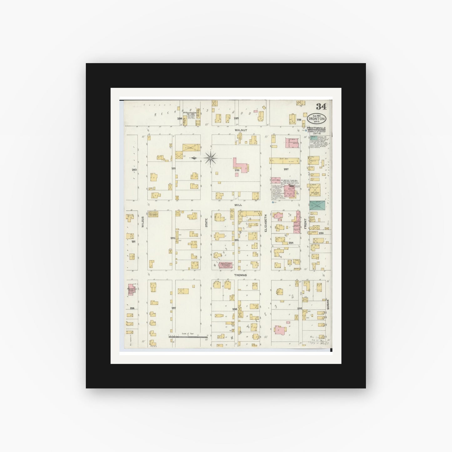 Old map wall art mockup — black gallery frame with white mat — Sanborn Fire Insurance Map from Ironton, Lawrence County, Ohio (1904), Sheet #0034