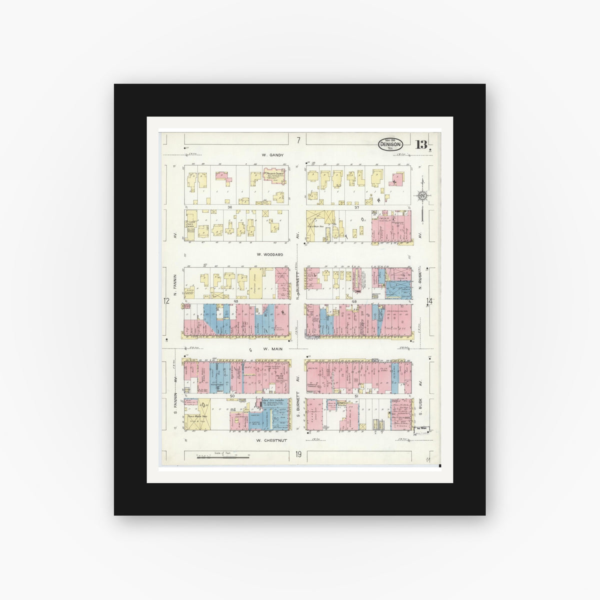 Old map wall art mockup — black gallery frame with white mat — Sanborn Fire Insurance Map from Denison, Grayson County, Texas (1914), Sheet #0013
