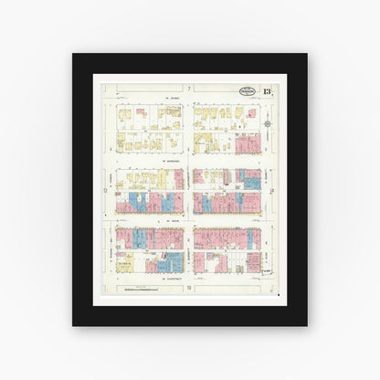 Old map wall art mockup — black gallery frame with white mat — Sanborn Fire Insurance Map from Denison, Grayson County, Texas (1914), Sheet #0013