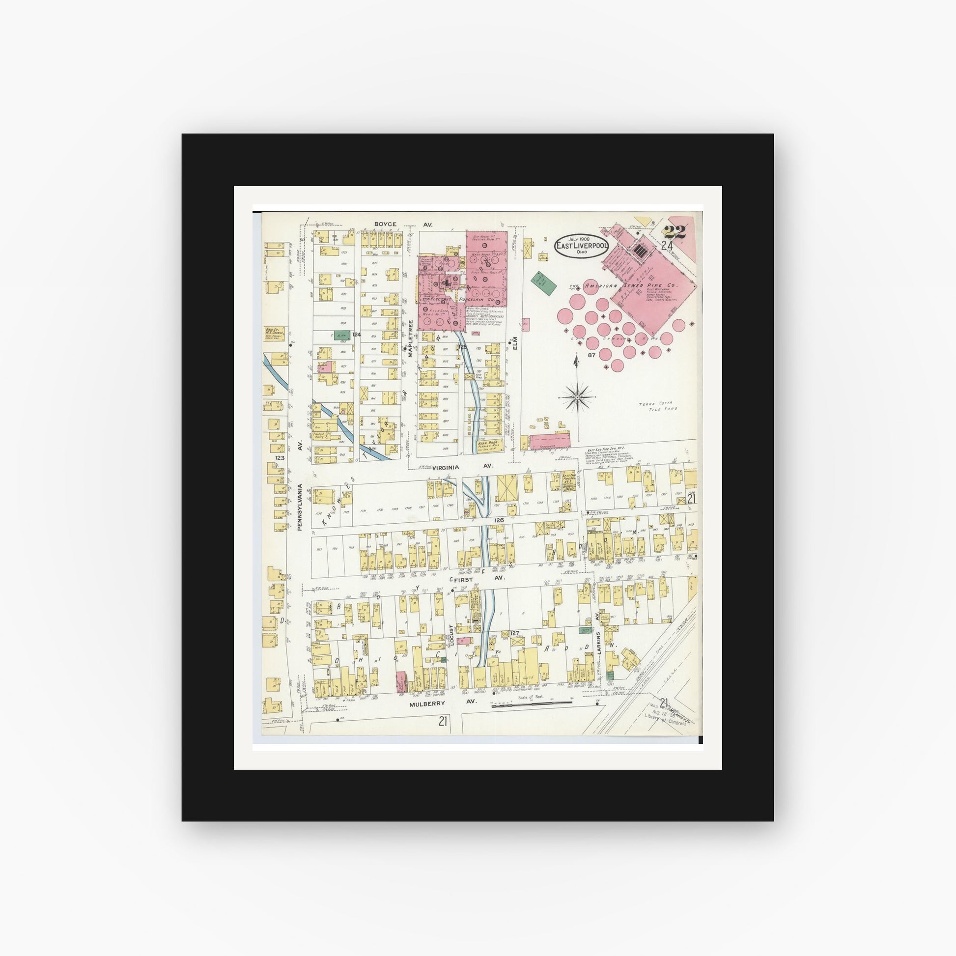 Old map wall art mockup — black gallery frame with white mat — Sanborn Fire Insurance Map from East Liverpool, Columbiana County, Ohio (1908), Sheet #0022