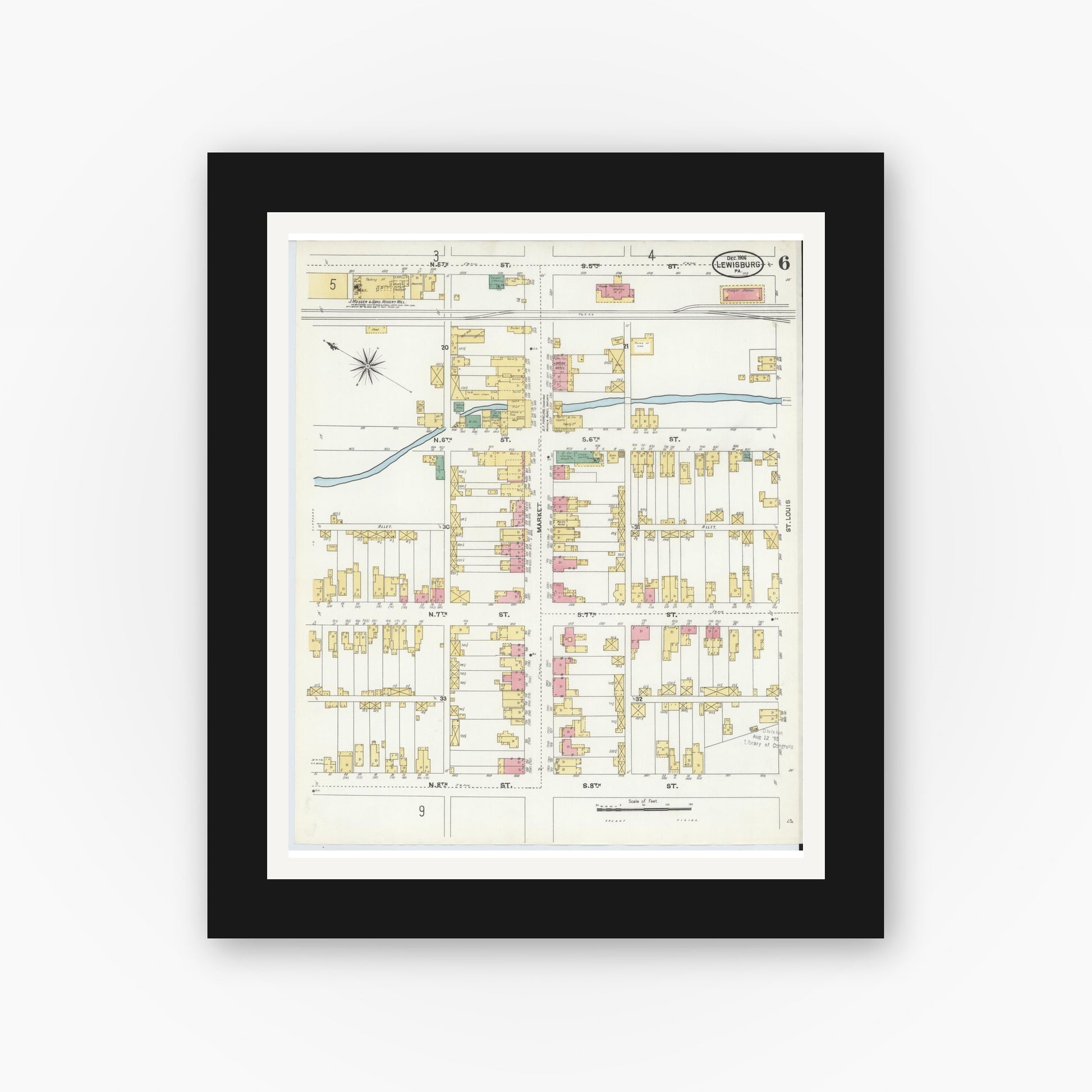 Old map wall art mockup — black gallery frame with white mat — Sanborn Fire Insurance Map from Lewisburg, Union County, Pennsylvania (1906), Sheet #0006