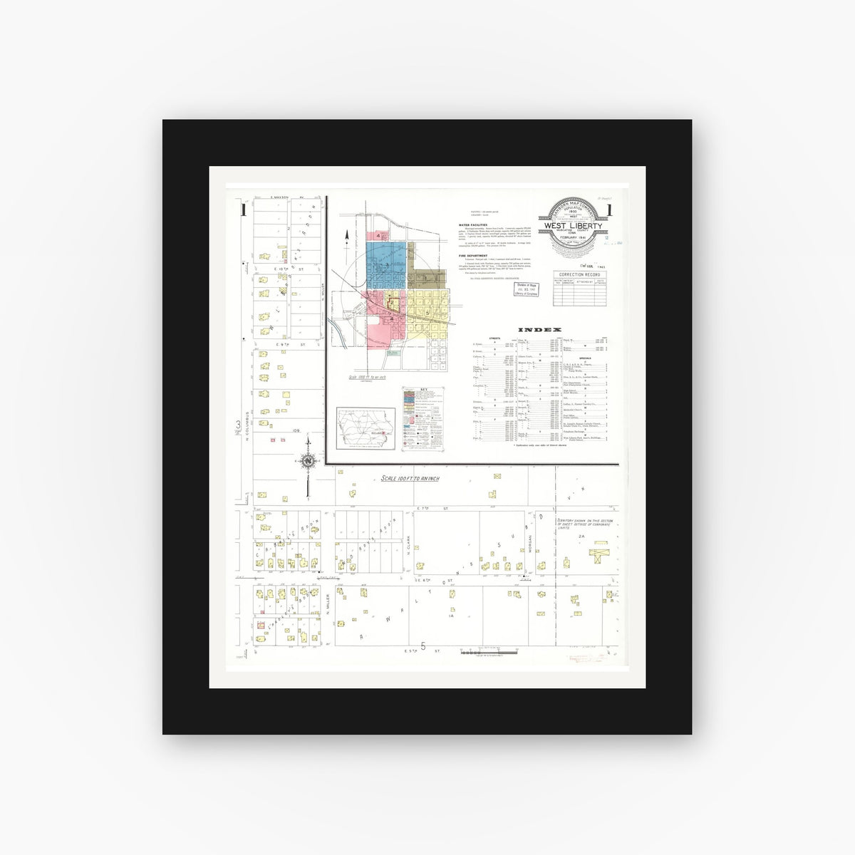 Old map wall art mockup — black gallery frame with white mat — Sanborn Fire Insurance Map from West Liberty, Muscatine County, Iowa (1941), Sheet #0001