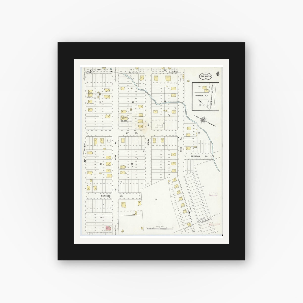 Old map wall art mockup — black gallery frame with white mat — Sanborn Fire Insurance Map from Harrison, Westchester County, New York (1911), Sheet #0006