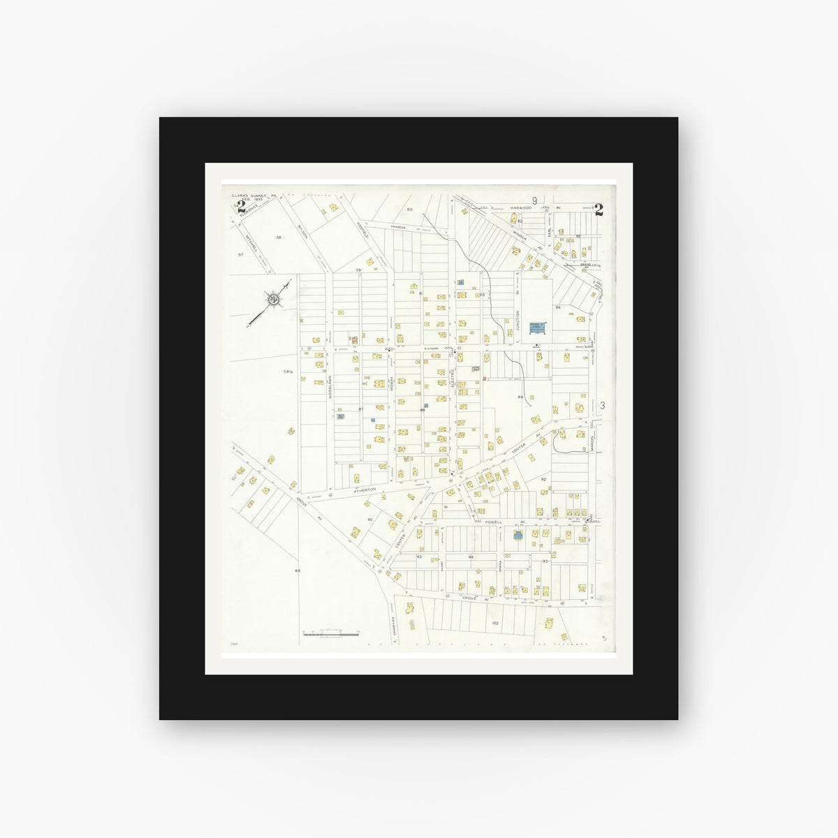 Old map wall art mockup — black gallery frame with white mat — Sanborn Fire Insurance Map from Clark's Summit, Lackawanna County, Pennsylvania (1933) - Complete Map Set