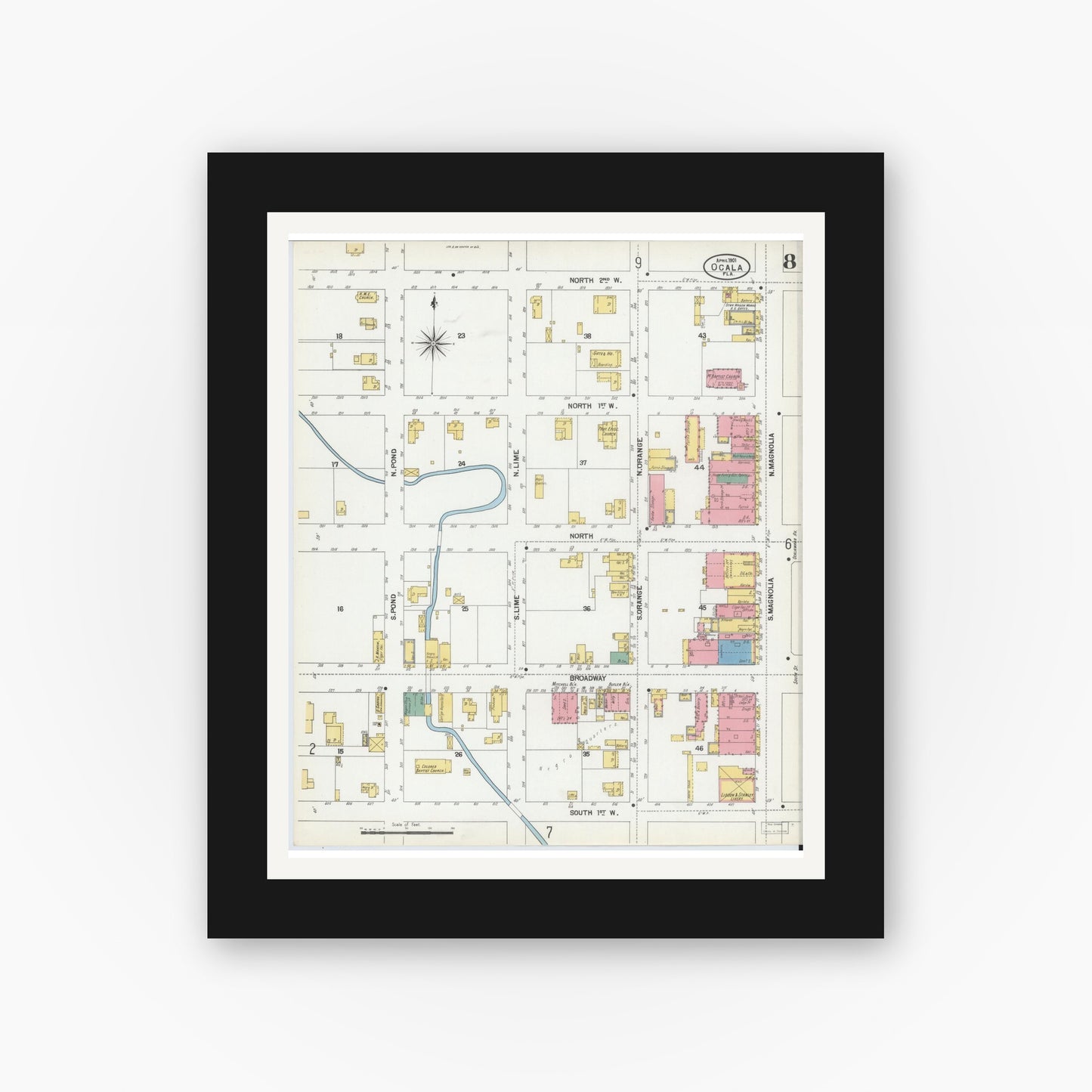 Old map wall art mockup — black gallery frame with white mat — Sanborn Fire Insurance Map from Ocala, Marion County, Florida (1901), Sheet #0008