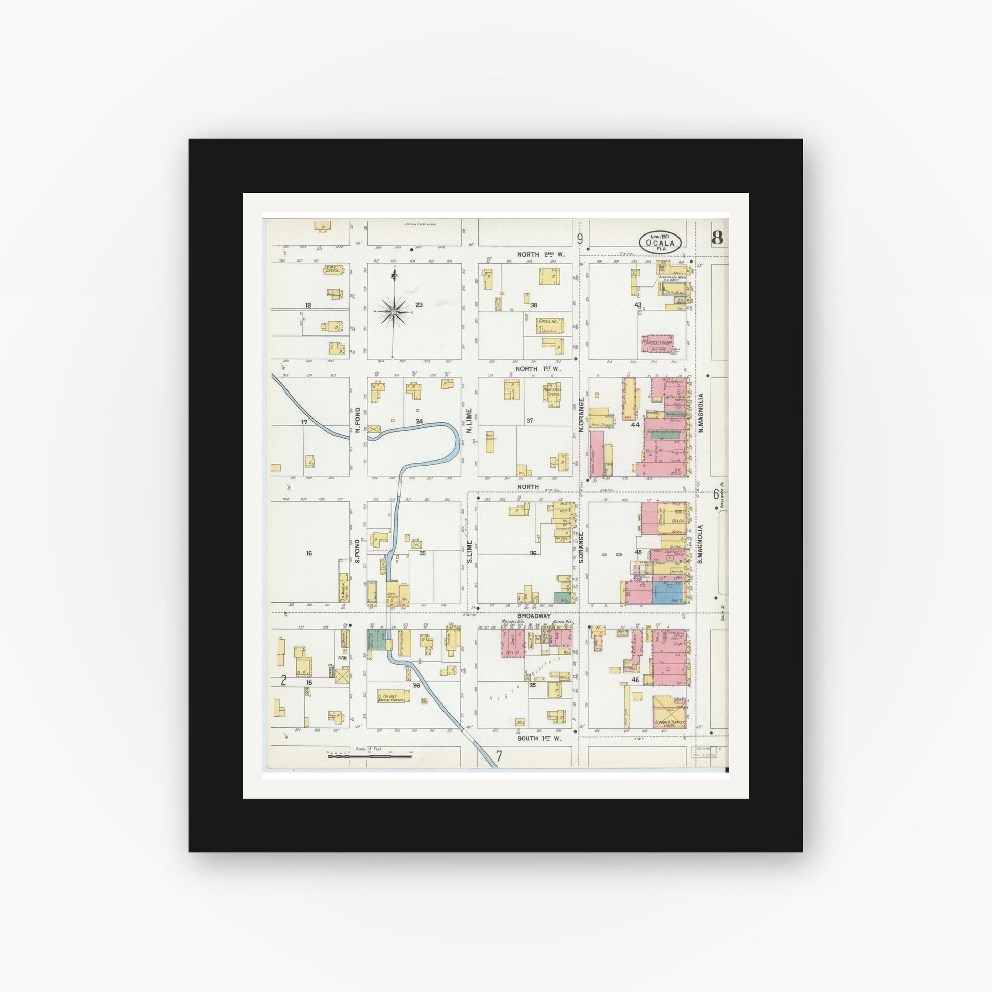 Old map wall art mockup — black gallery frame with white mat — Sanborn Fire Insurance Map from Ocala, Marion County, Florida (1901), Sheet #0008