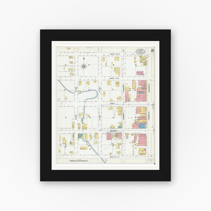 Old map wall art mockup — black gallery frame with white mat — Sanborn Fire Insurance Map from Ocala, Marion County, Florida (1901), Sheet #0008