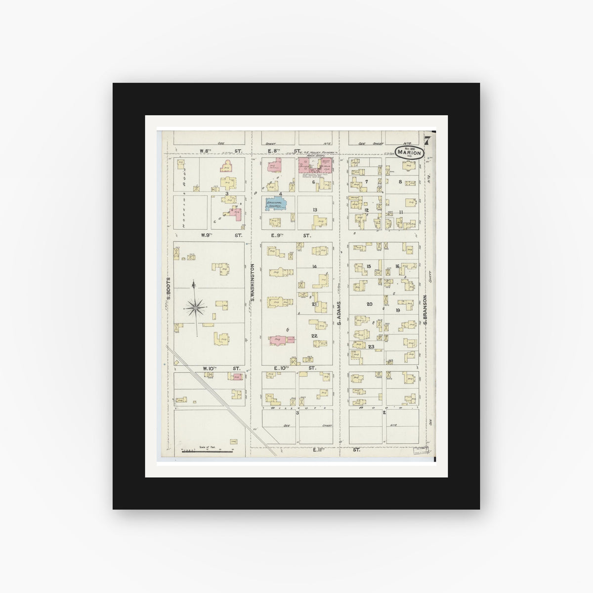 Old map wall art mockup — black gallery frame with white mat — Sanborn Fire Insurance Map from Marion, Grant County, Indiana (1890), Sheet #0007