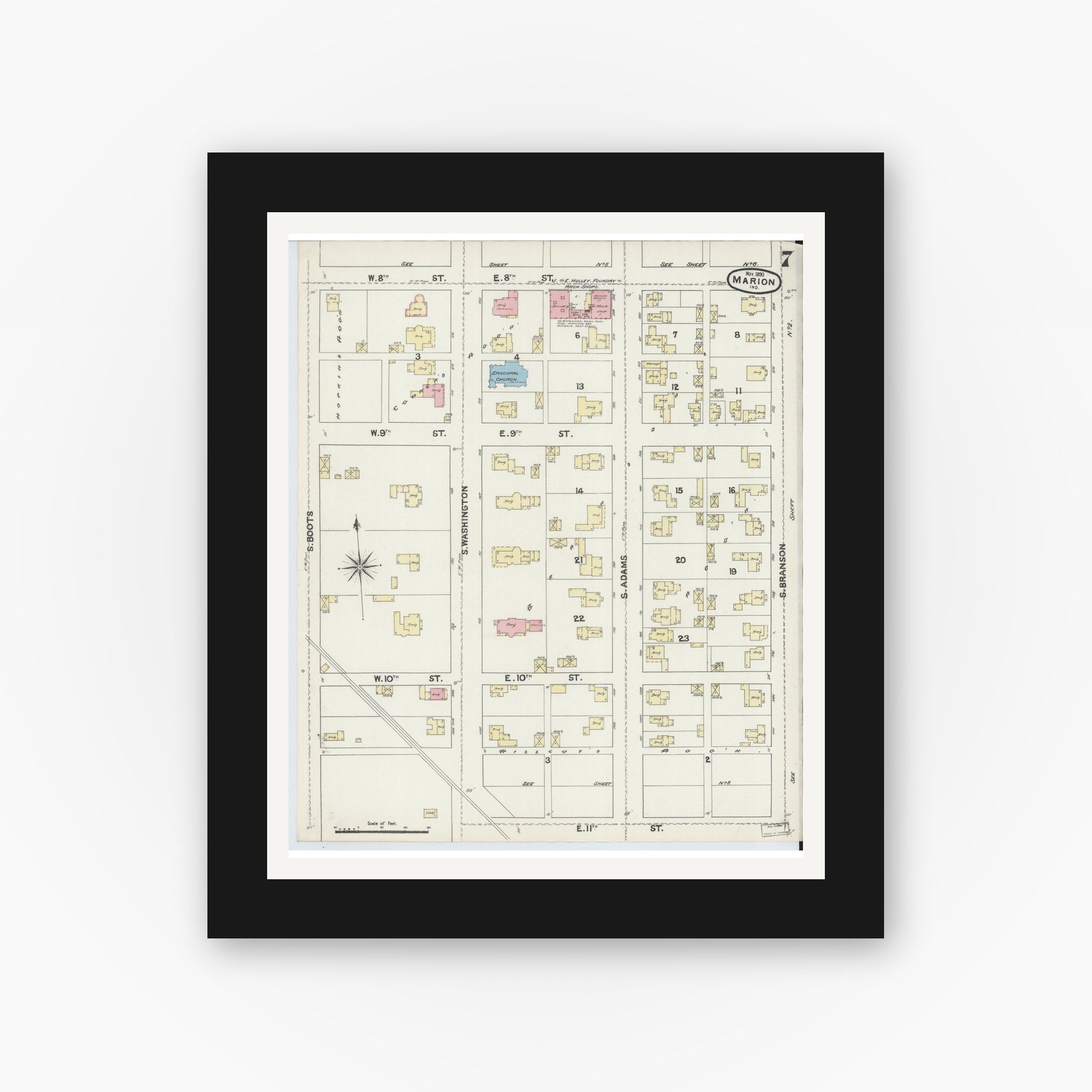 Old map wall art mockup — black gallery frame with white mat — Sanborn Fire Insurance Map from Marion, Grant County, Indiana (1890), Sheet #0007