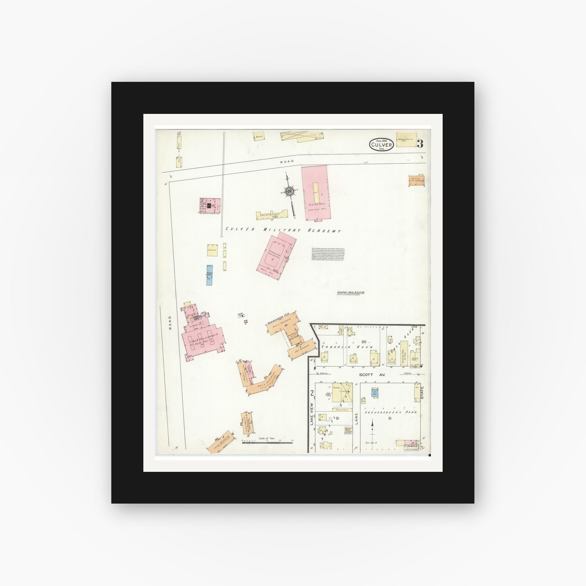 Old map wall art mockup — black gallery frame with white mat — Sanborn Fire Insurance Map from Culver, Marshall County, Indiana (1914), Sheet #0003