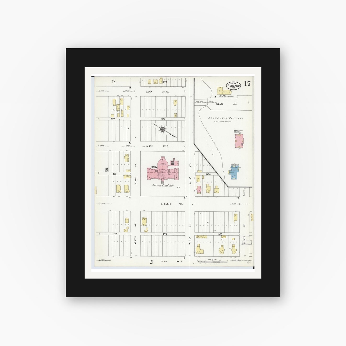 Old map wall art mockup — black gallery frame with white mat — Sanborn Fire Insurance Map from Ashland, Ashland County, Wisconsin (1909), Sheet #0017