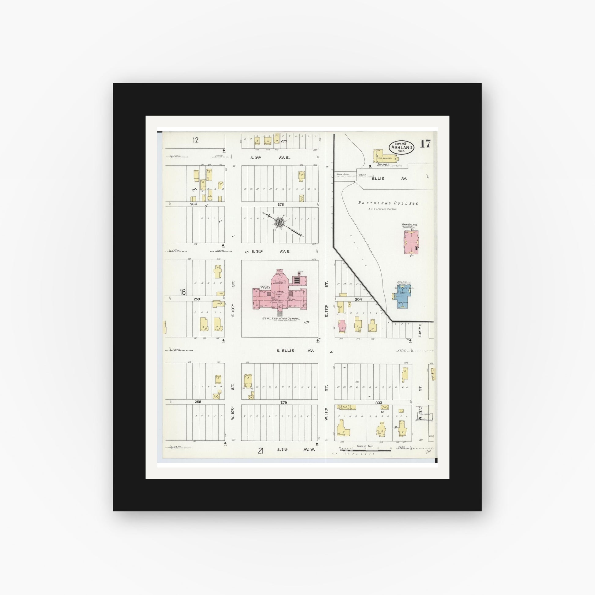 Old map wall art mockup — black gallery frame with white mat — Sanborn Fire Insurance Map from Ashland, Ashland County, Wisconsin (1909), Sheet #0017