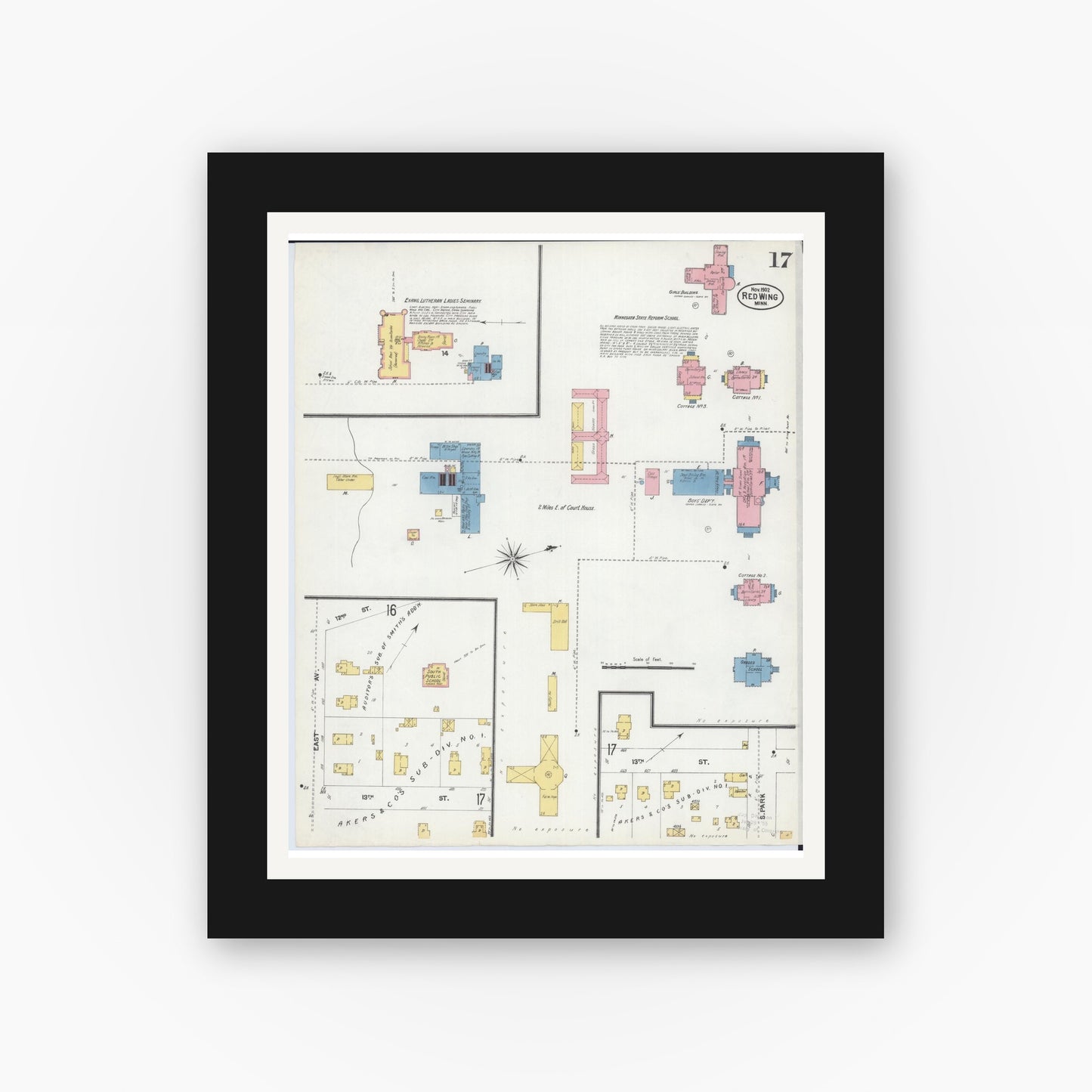 Old map wall art mockup — black gallery frame with white mat — Sanborn Fire Insurance Map from Red Wing, Goodhue County, Minnesota (1902), Sheet #0017