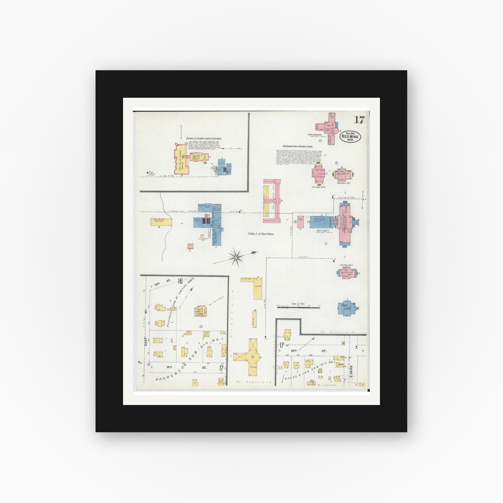 Old map wall art mockup — black gallery frame with white mat — Sanborn Fire Insurance Map from Red Wing, Goodhue County, Minnesota (1902), Sheet #0017
