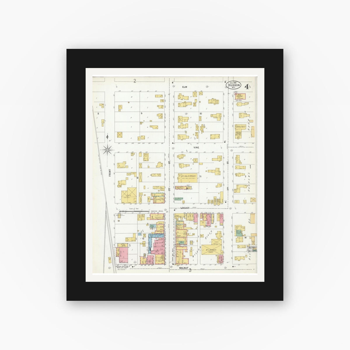 Old map wall art mockup — black gallery frame with white mat — Sanborn Fire Insurance Map from Hudson, St. Croix County, Wisconsin (1900), Sheet #0004