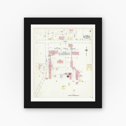 Old map wall art mockup — black gallery frame with white mat — Sanborn Fire Insurance Map from Williamsburg, Independent Cities, Virginia (1910), Sheet #0004