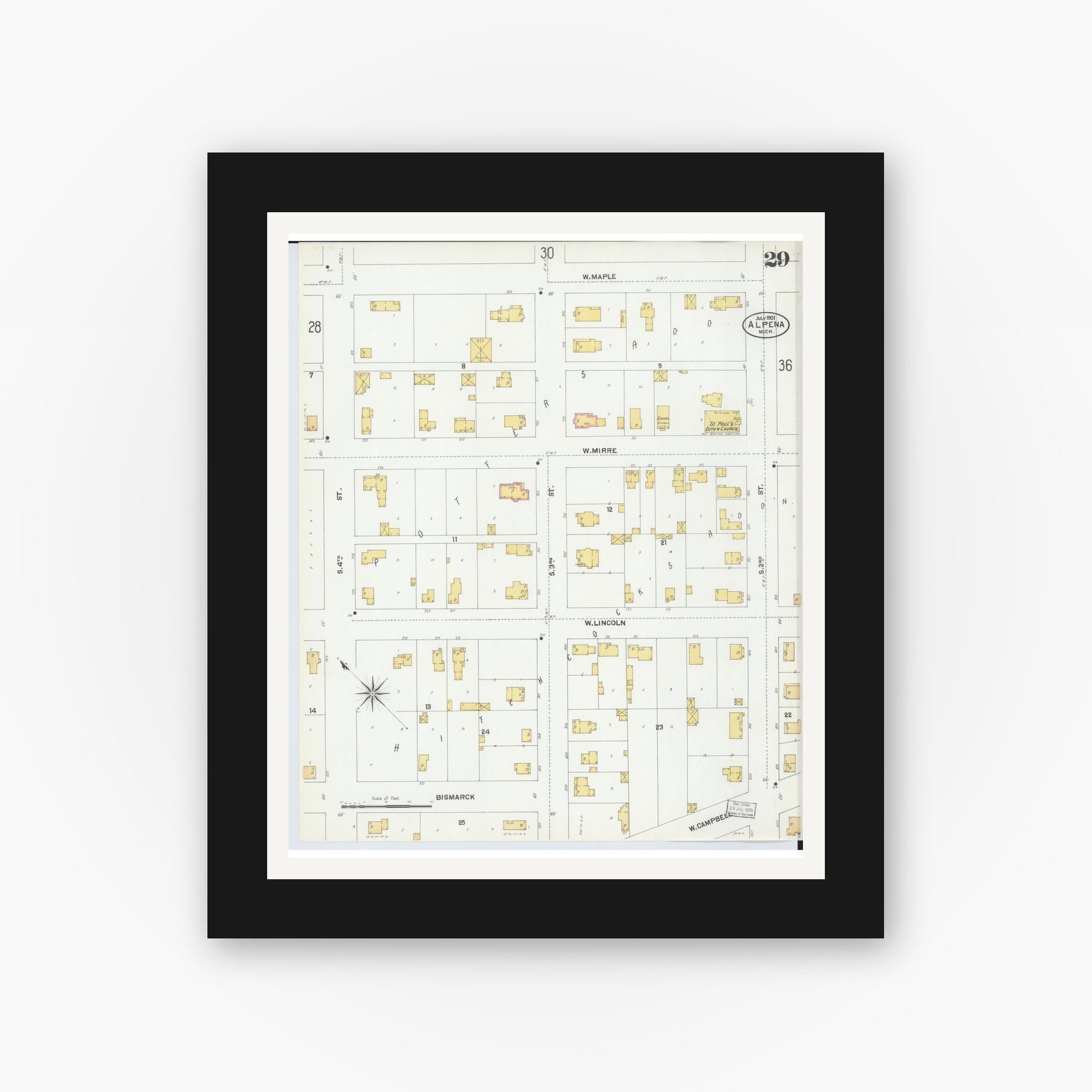 Old map wall art mockup — black gallery frame with white mat — Sanborn Fire Insurance Map from Alpena, Alpena County, Michigan (1901), Sheet #0029