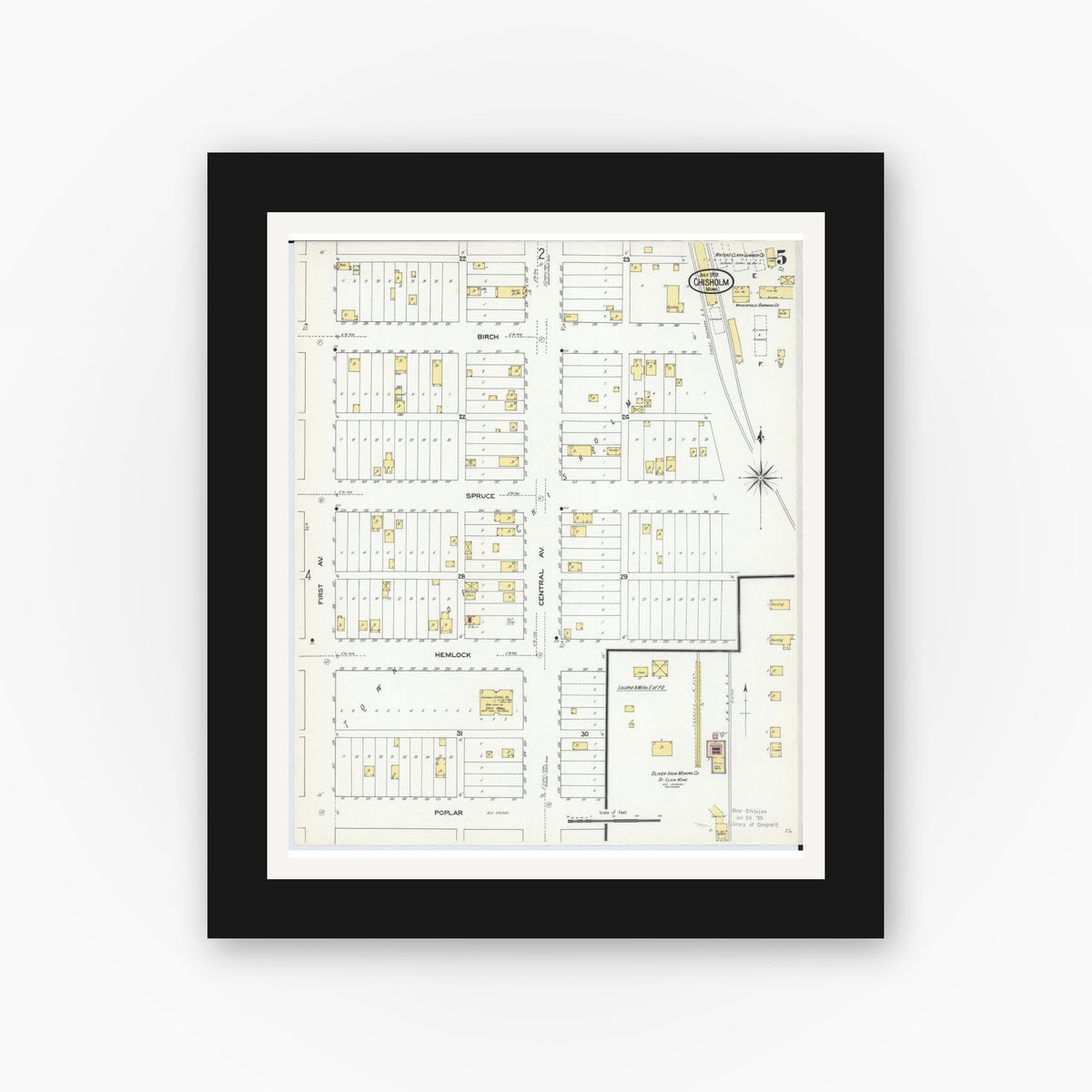 Old map wall art mockup — black gallery frame with white mat — Sanborn Fire Insurance Map from Chisholm, Saint Louis County, Minnesota (1909), Sheet #0005