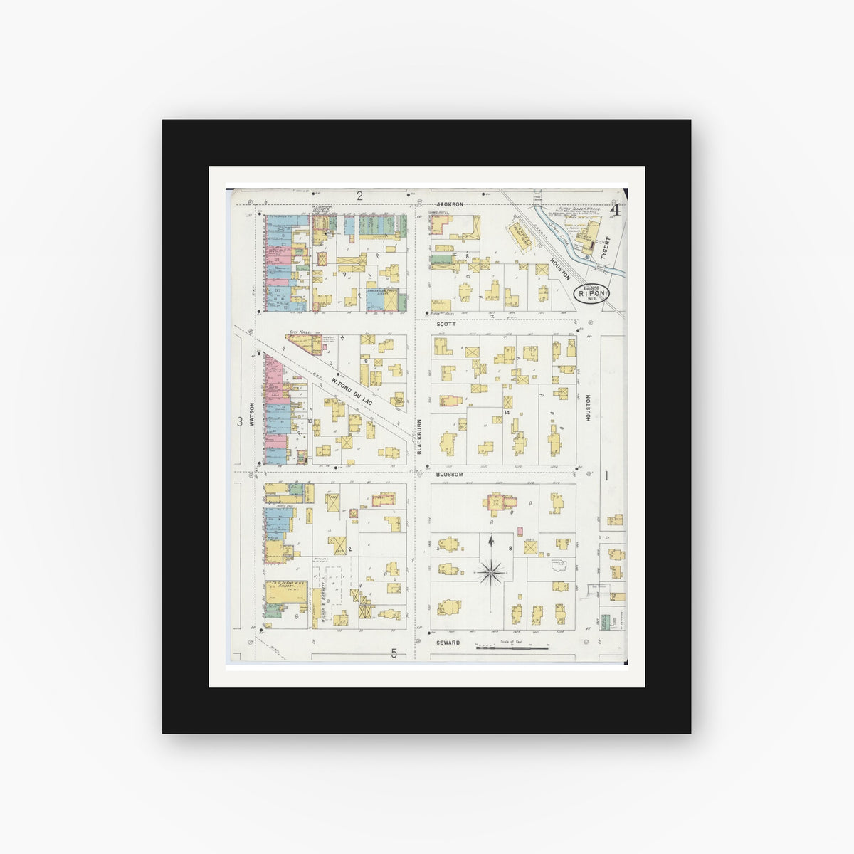 Old map wall art mockup — black gallery frame with white mat — Sanborn Fire Insurance Map from Ripon, Fond du Lac County, Wisconsin (1898), Sheet #0004