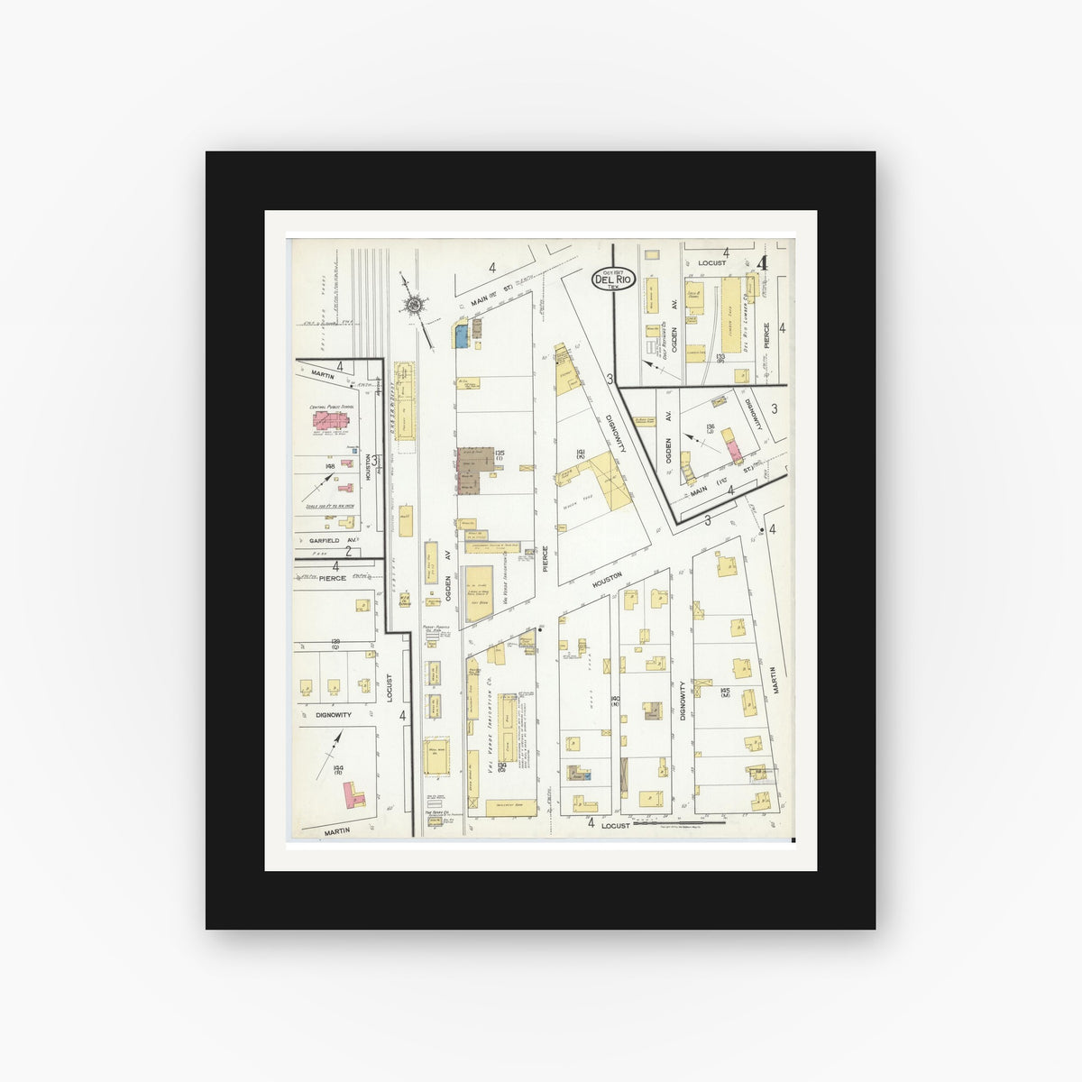 Old map wall art mockup — black gallery frame with white mat — Sanborn Fire Insurance Map from Del Rio, Val Verde County, Texas (1917), Sheet #0004