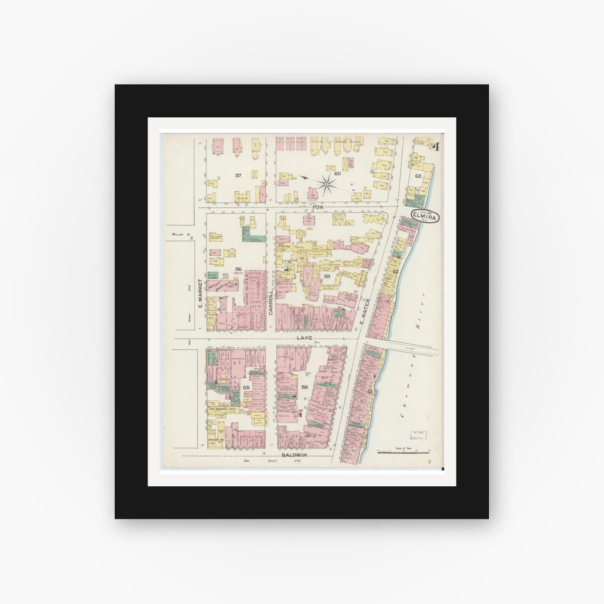 Old map wall art mockup — black gallery frame with white mat — Sanborn Fire Insurance Map from Elmira, Chemung County, New York (1887), Sheet #0004