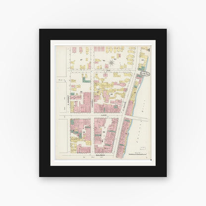 Old map wall art mockup — black gallery frame with white mat — Sanborn Fire Insurance Map from Elmira, Chemung County, New York (1887), Sheet #0004