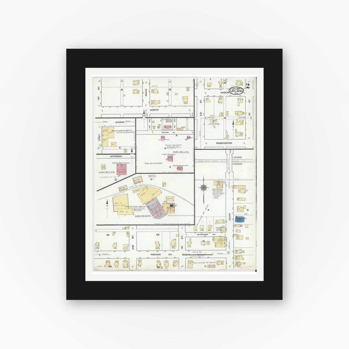 Old map wall art mockup — black gallery frame with white mat — Sanborn Fire Insurance Map from Upland, Grant County, Indiana (1920), Sheet #0002