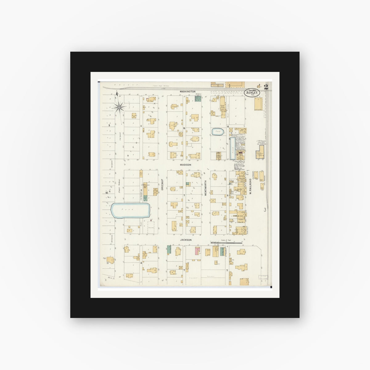Old map wall art mockup — black gallery frame with white mat — Sanborn Fire Insurance Map from Ashley, Washington County, Illinois (1900), Sheet #0002