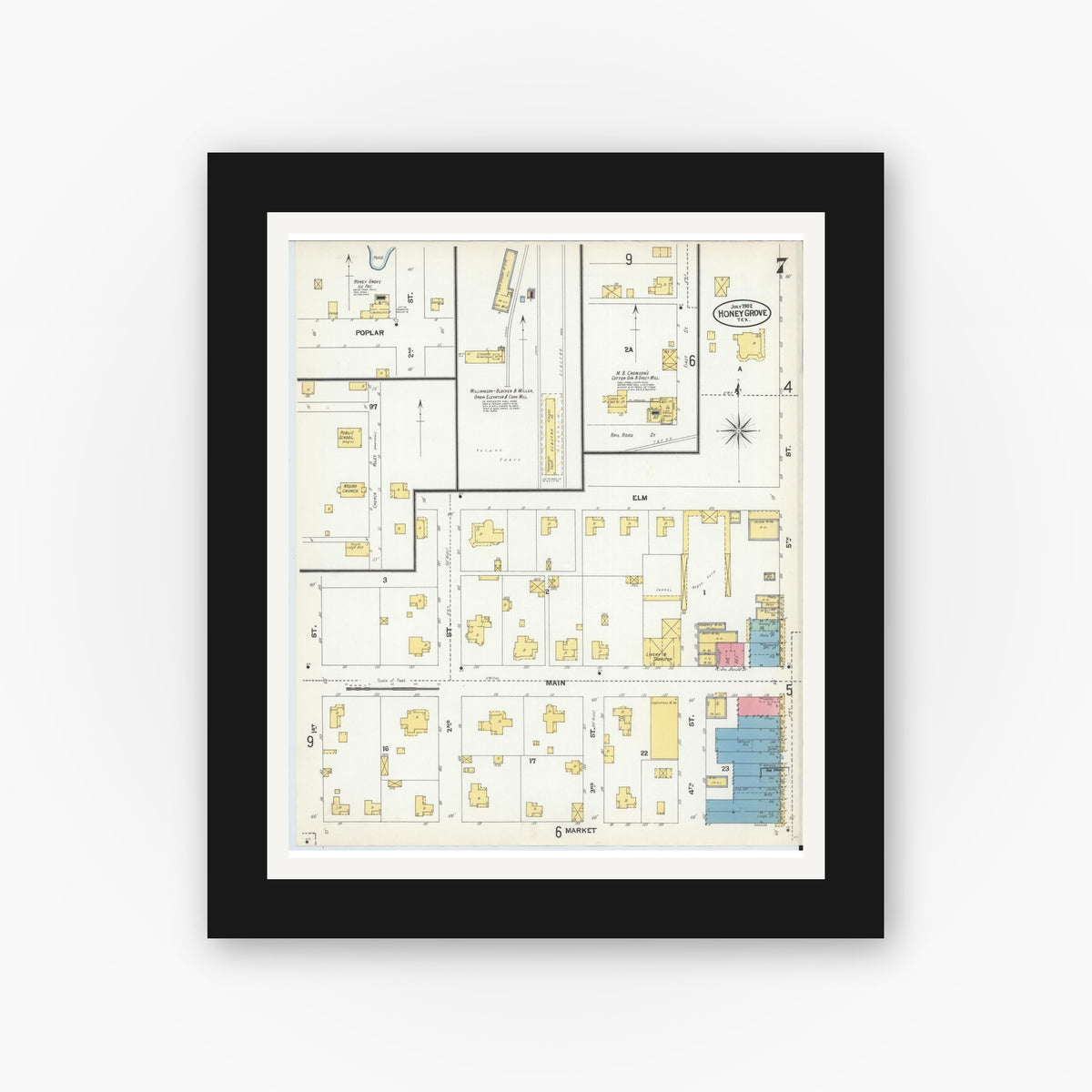 Old map wall art mockup — black gallery frame with white mat — Sanborn Fire Insurance Map from Honey Grove, Fannin County, Texas (1902), Sheet #0007
