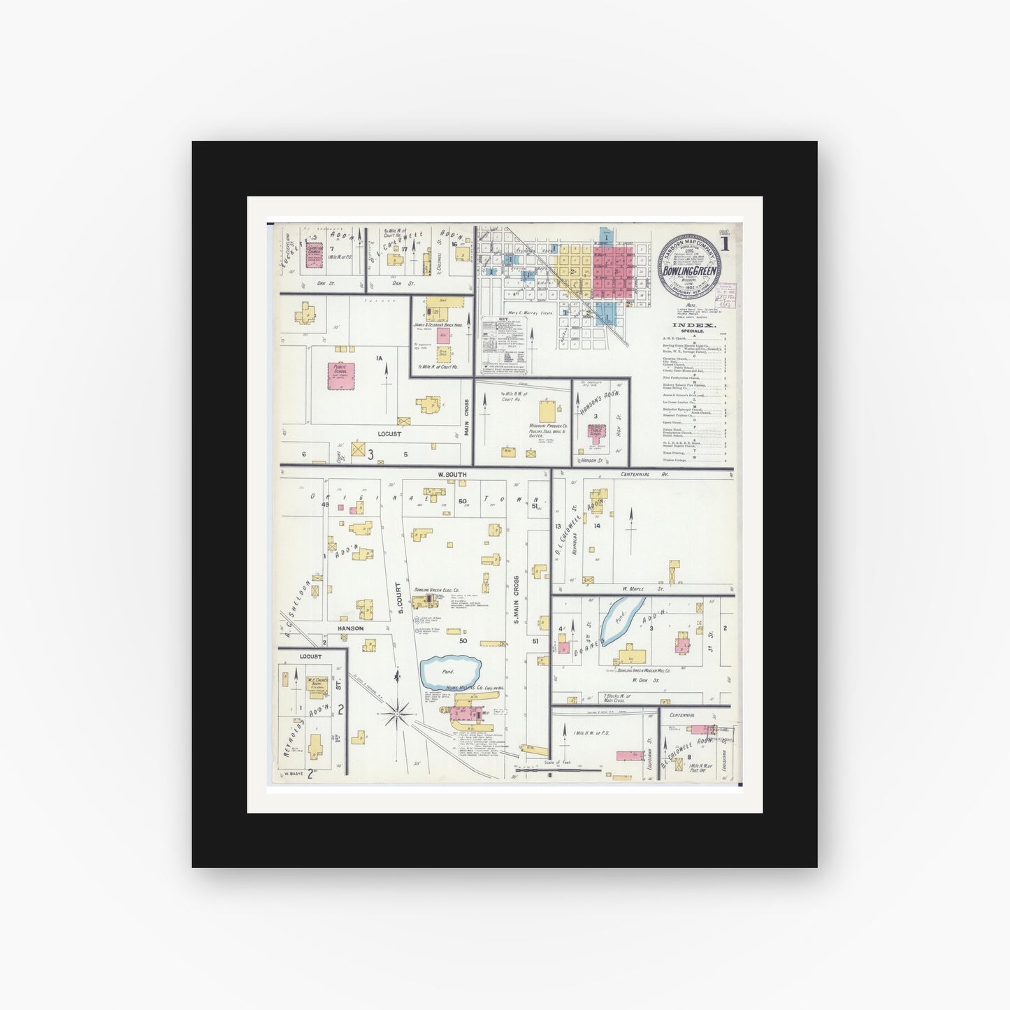 Old map wall art mockup — black gallery frame with white mat — Sanborn Fire Insurance Map from Bowling Green, Pike County, Missouri (1902) - Complete Map Set