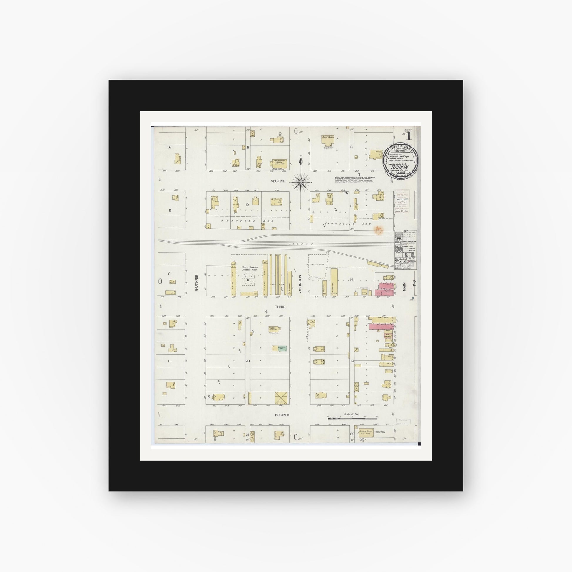 Old map wall art mockup — black gallery frame with white mat — Sanborn Fire Insurance Map from Rankin, Vermilion County, Illinois (1900) - Complete Map Set