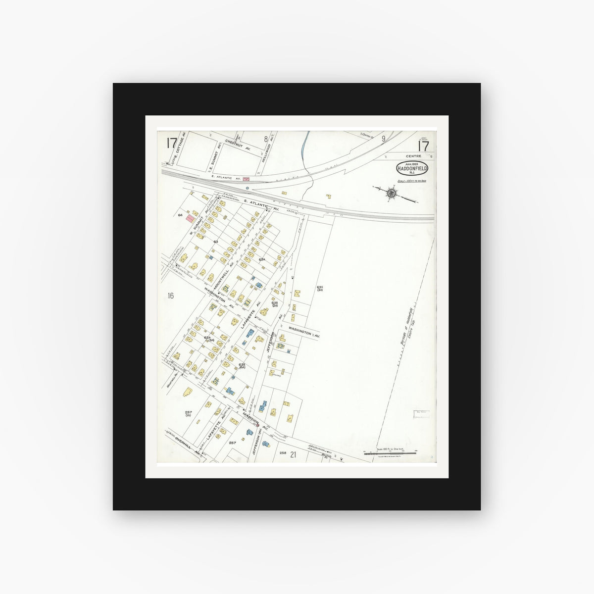 Old map wall art mockup — black gallery frame with white mat — Sanborn Fire Insurance Map from Haddonfield, Camden County, New Jersey (1923), Sheet #0017