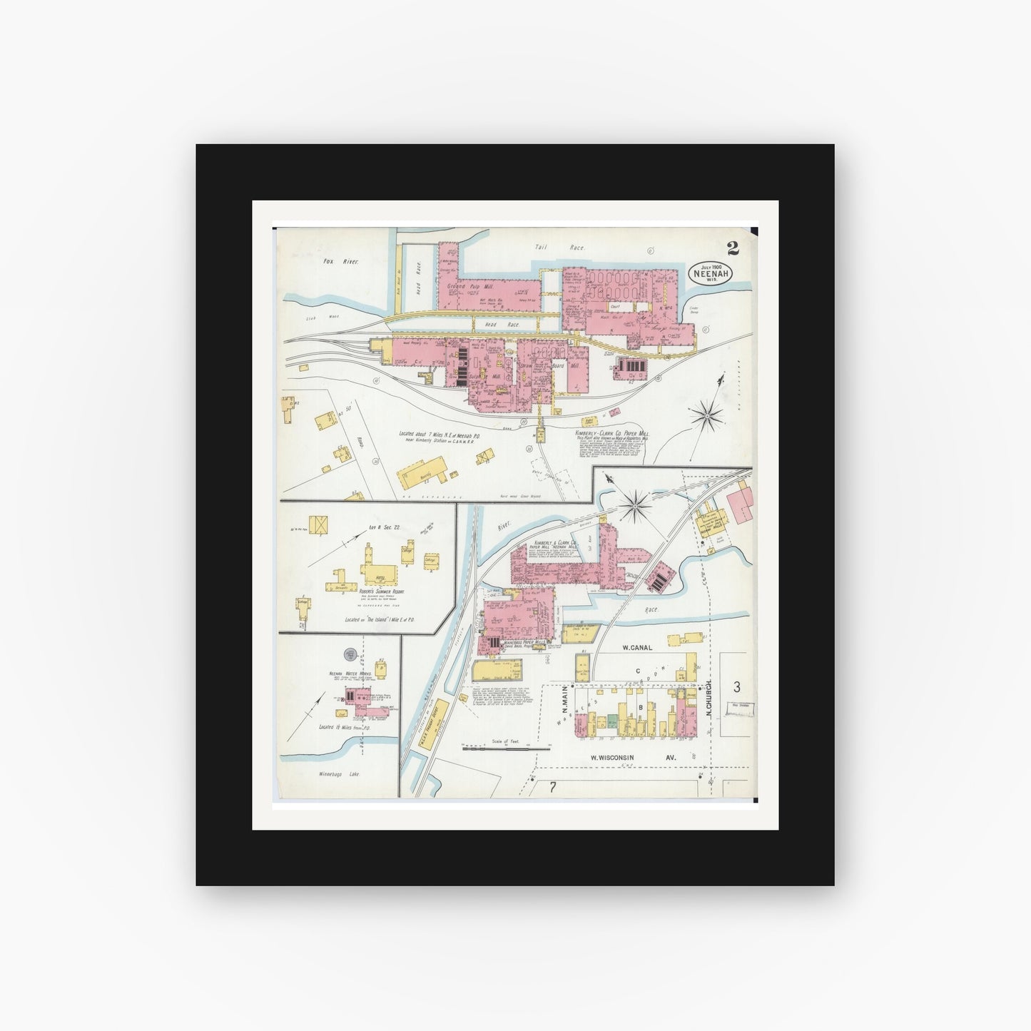 Old map wall art mockup — black gallery frame with white mat — Sanborn Fire Insurance Map from Neenah, Winnebago County, Wisconsin (1900), Sheet #0002
