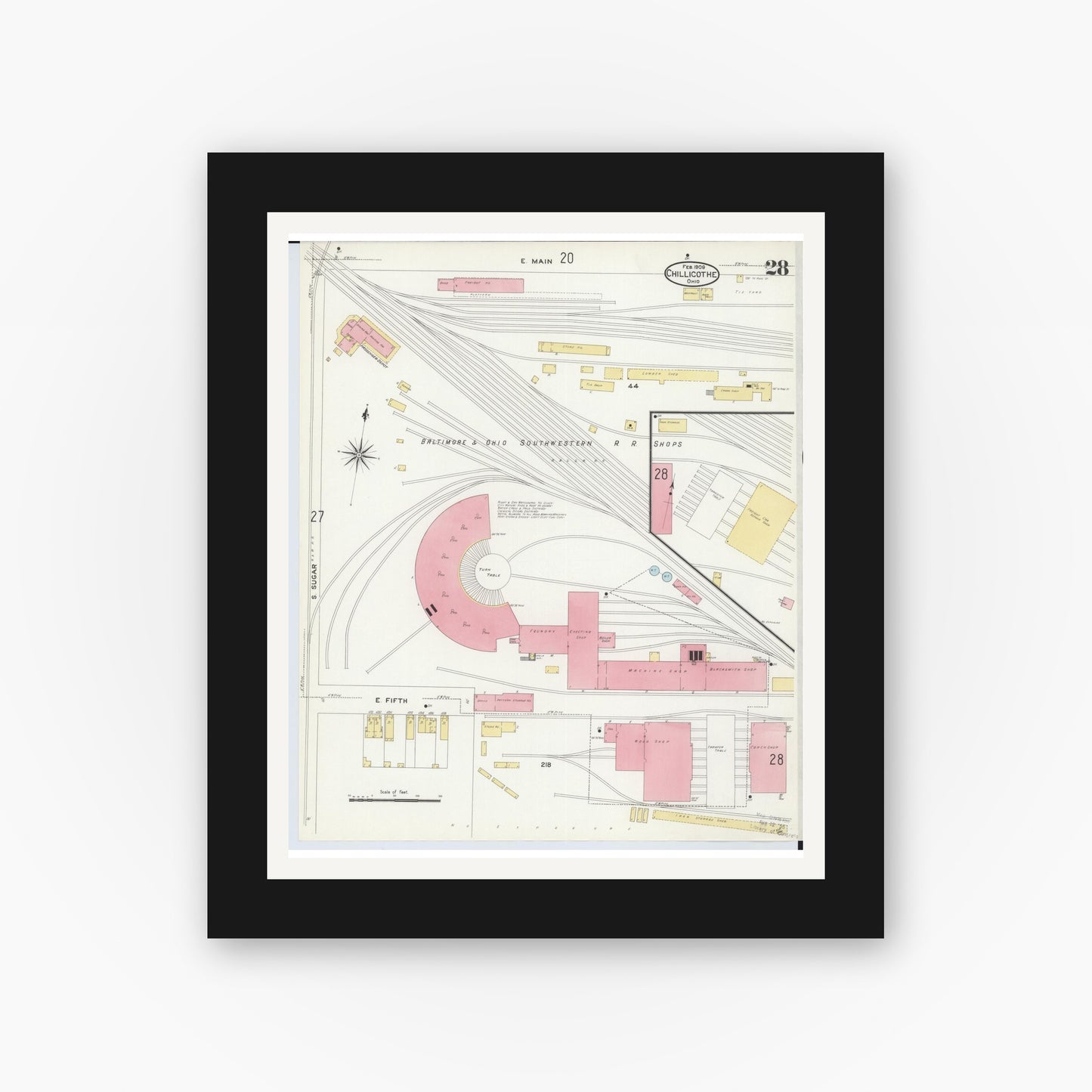 Old map wall art mockup — black gallery frame with white mat — Sanborn Fire Insurance Map from Chillicothe, Ross County, Ohio (1909), Sheet #0028