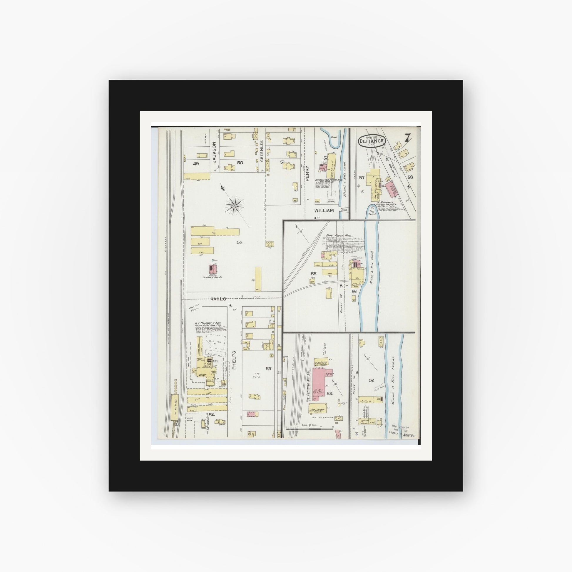 Old map wall art mockup — black gallery frame with white mat — Sanborn Fire Insurance Map from Defiance, Defiance County, Ohio (1893), Sheet #0007