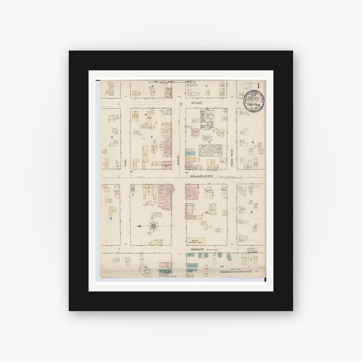 Old map wall art mockup — black gallery frame with white mat — Sanborn Fire Insurance Map from Paw Paw, Van Buren County, Michigan (1884) - Complete Map Set