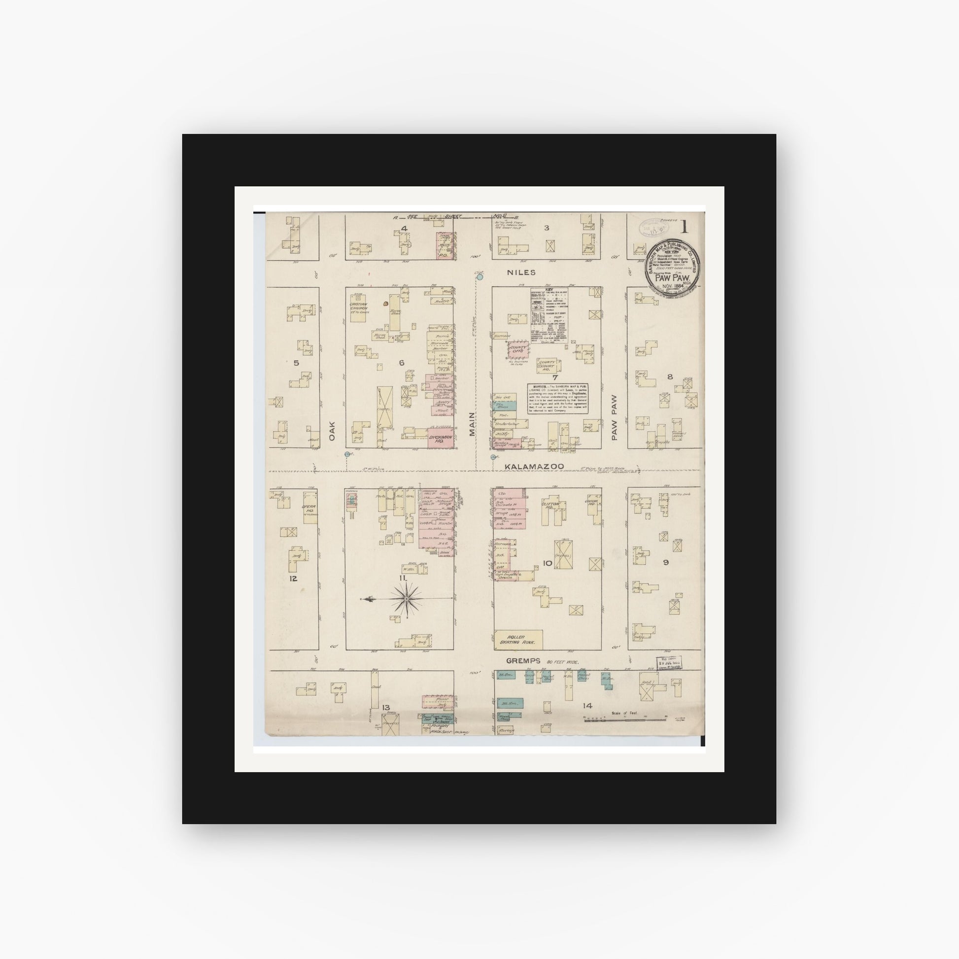 Old map wall art mockup — black gallery frame with white mat — Sanborn Fire Insurance Map from Paw Paw, Van Buren County, Michigan (1884) - Complete Map Set