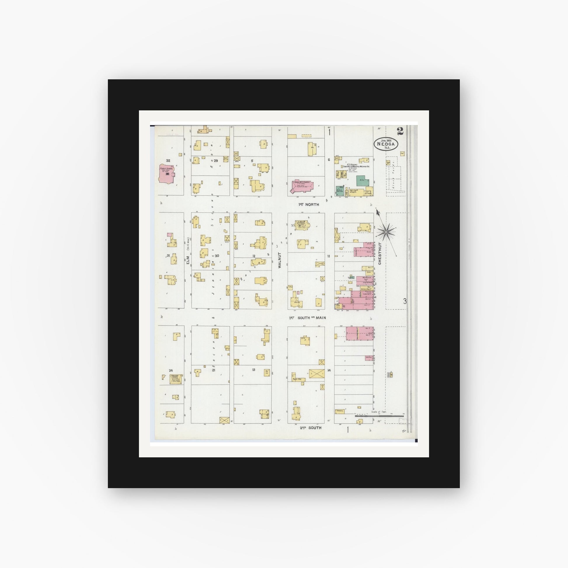 Old map wall art mockup — black gallery frame with white mat — Sanborn Fire Insurance Map from Neoga, Cumberland County, Illinois (1905), Sheet #0002